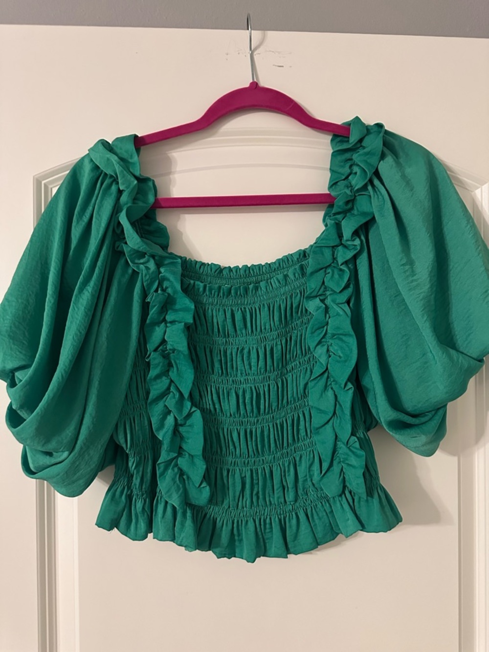 glam Emerald Green Smocked Ruffle Puff-Sleeve Top